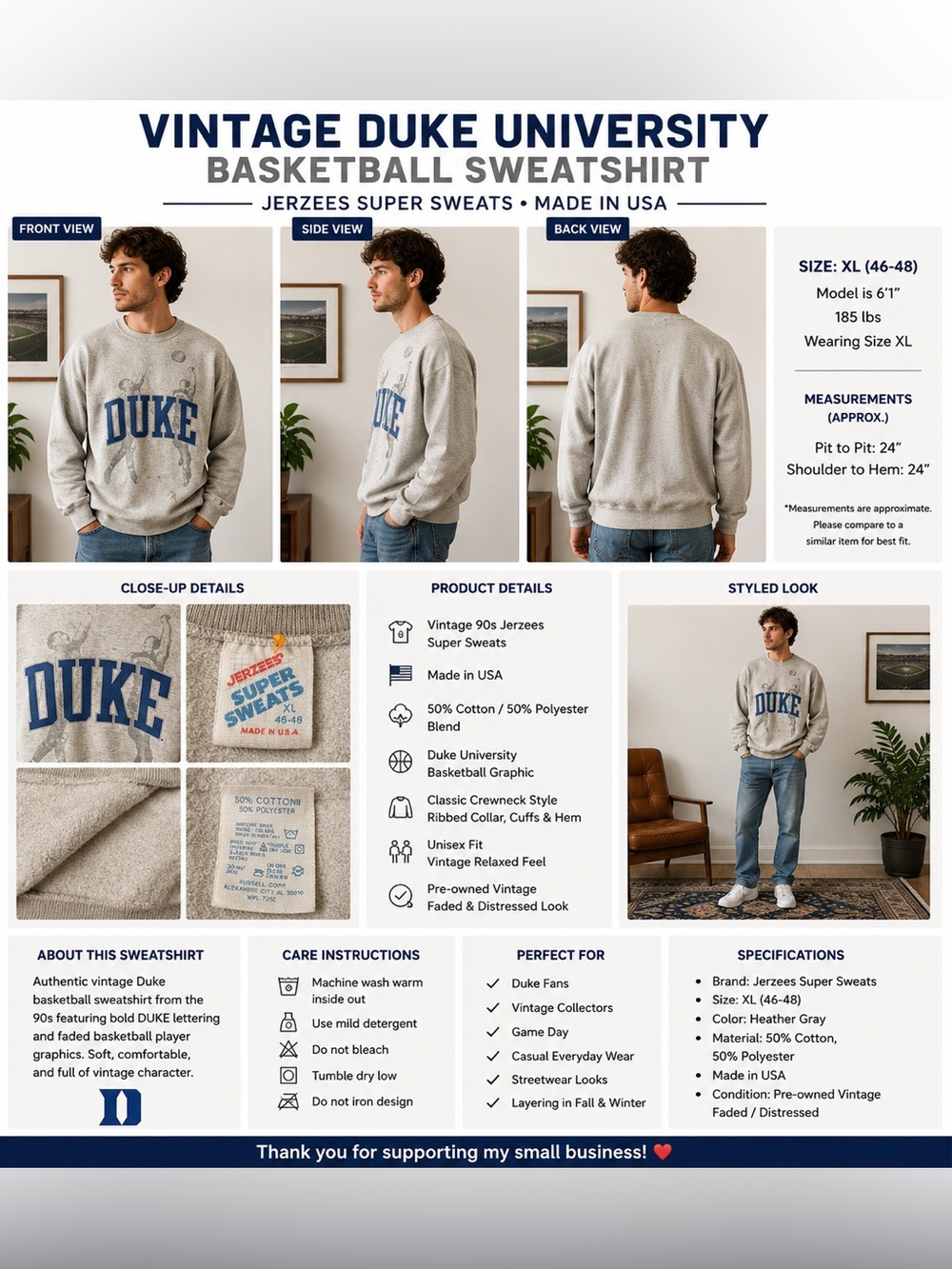 Vintage Duke University Basketball Sweatshirt Jerzees USA XL 90s Blue Devils